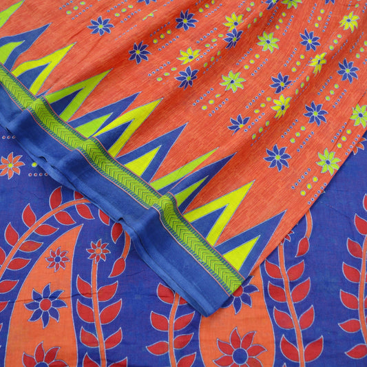 Indian Vintage Sari Blue & Orange Printed Pure Cotton Saree Craft Fabric Soft Floral 5Yd Sarong Wrap Boho Kimono Soft Dress making Quilting