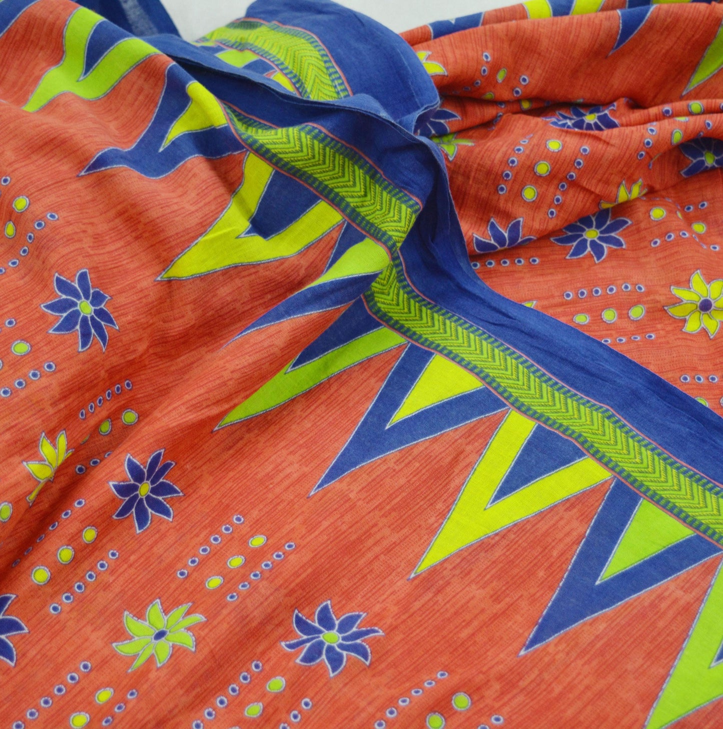 Indian Vintage Sari Blue & Orange Printed Pure Cotton Saree Craft Fabric Soft Floral 5Yd Sarong Wrap Boho Kimono Soft Dress making Quilting