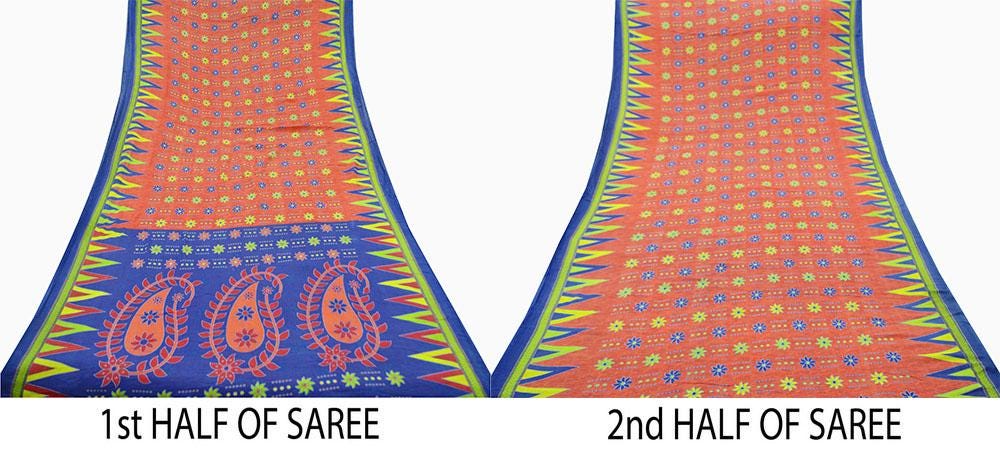 Indian Vintage Sari Blue & Orange Printed Pure Cotton Saree Craft Fabric Soft Floral 5Yd Sarong Wrap Boho Kimono Soft Dress making Quilting