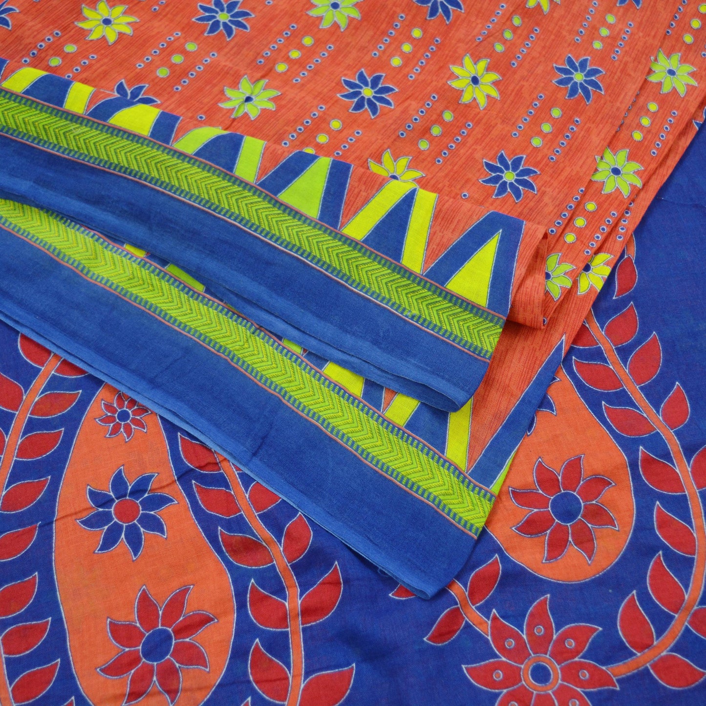 Indian Vintage Sari Blue & Orange Printed Pure Cotton Saree Craft Fabric Soft Floral 5Yd Sarong Wrap Boho Kimono Soft Dress making Quilting