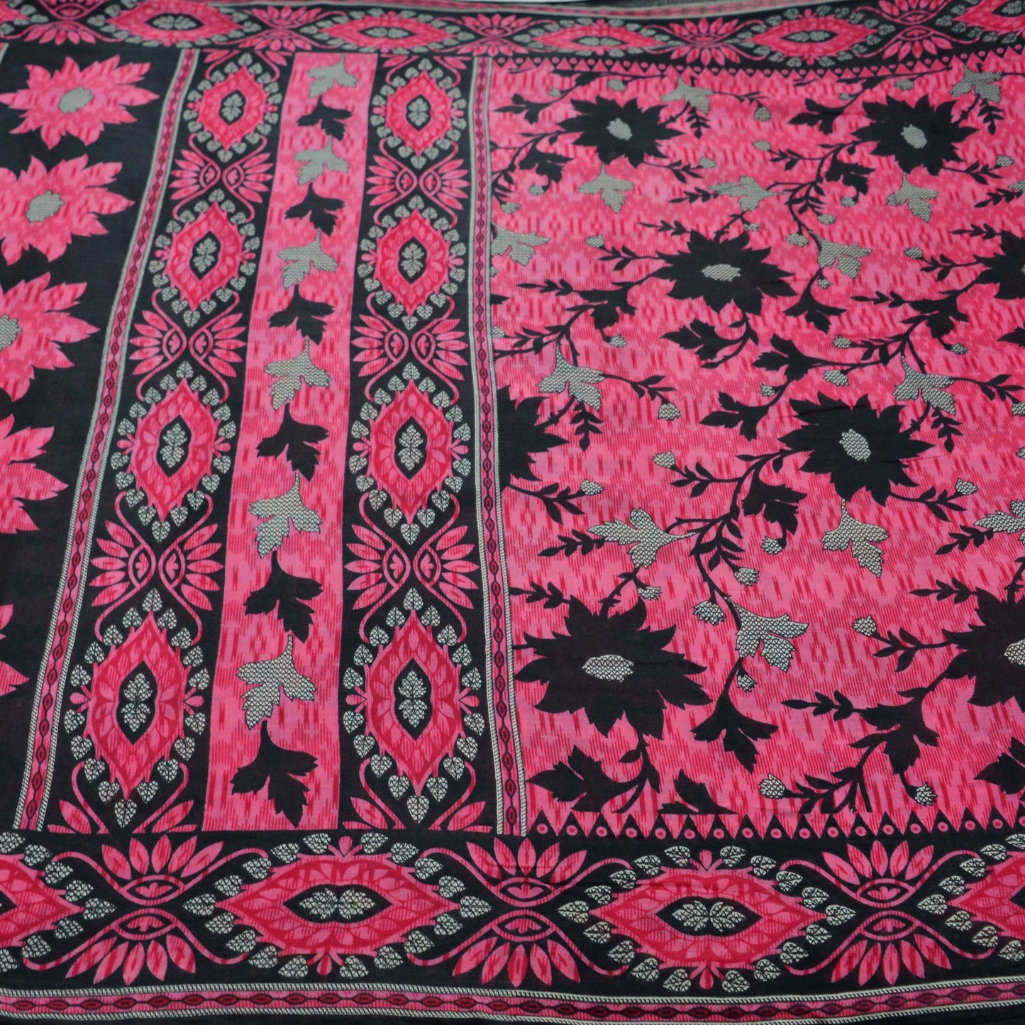 Indian Vintage Sari Pink & Black Printed 100% Pure Cotton Saree Craft Soft Fabric 5Yd Sewing Sarong Wrap Boho Polka Dot