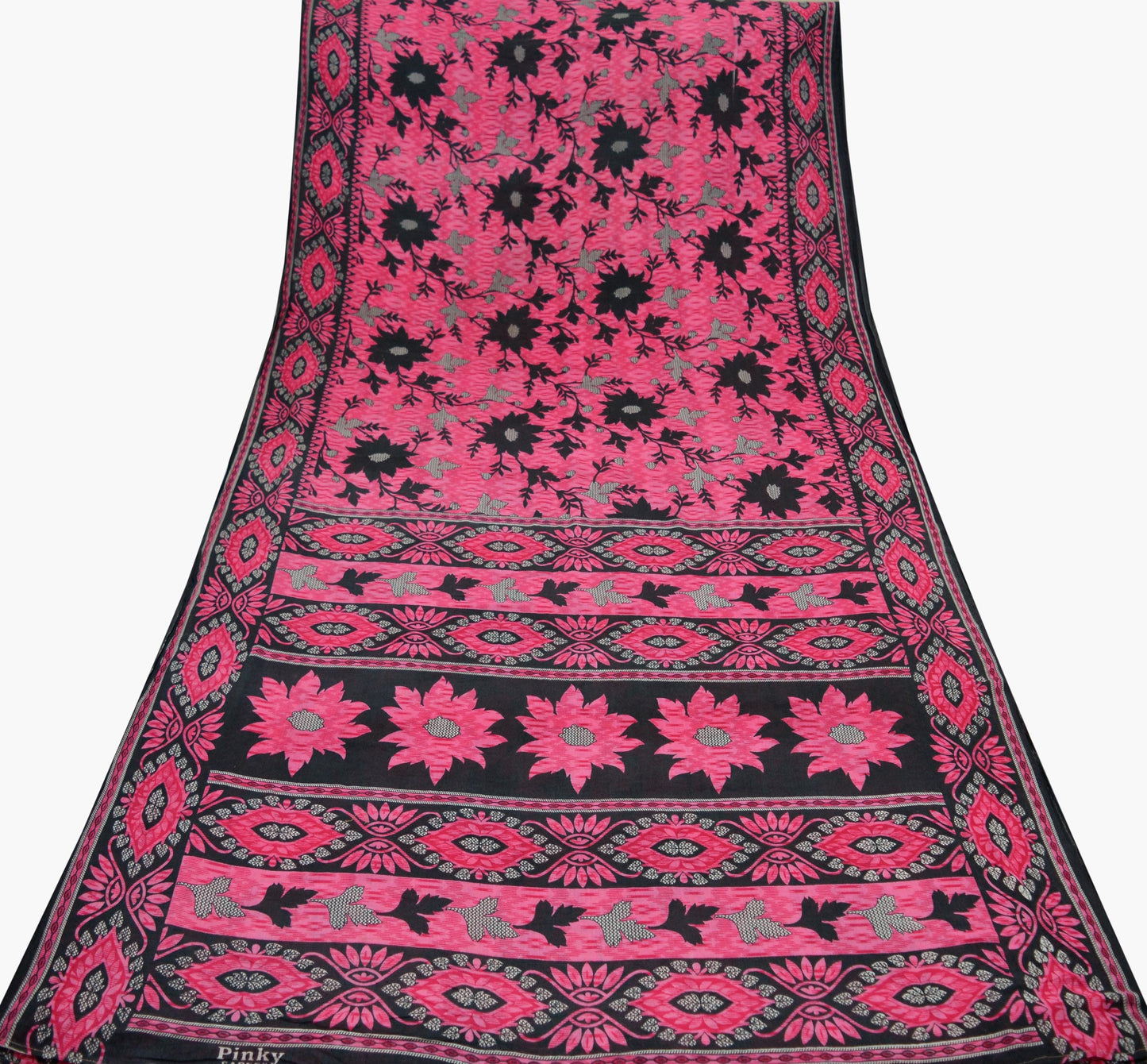 Indian Vintage Sari Pink & Black Printed 100% Pure Cotton Saree Craft Soft Fabric 5Yd Sewing Sarong Wrap Boho Polka Dot