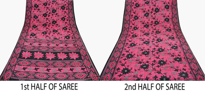 Indian Vintage Sari Pink & Black Printed 100% Pure Cotton Saree Craft Soft Fabric 5Yd Sewing Sarong Wrap Boho Polka Dot