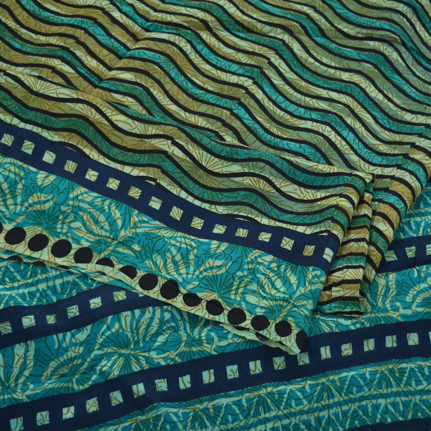 Indian Vintage Sari Blue & Green Pure Crepe Silk Printed Sarees 5yd Sewing Stripes Soft Craft Fabric Wrap Dress Making Quilting Crafting