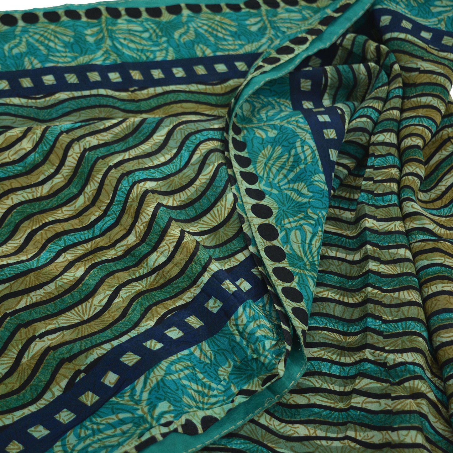 Indian Vintage Sari Blue & Green Pure Crepe Silk Printed Sarees 5yd Sewing Stripes Soft Craft Fabric Wrap Dress Making Quilting Crafting