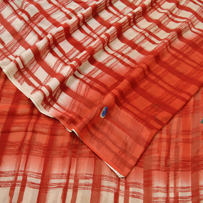 Women Vintage Sari Beige & red Pure Georgette Silk Block Printed Saree Craft Fabric Sewing 5Yd Soft Light Sari Dress Making Quilting