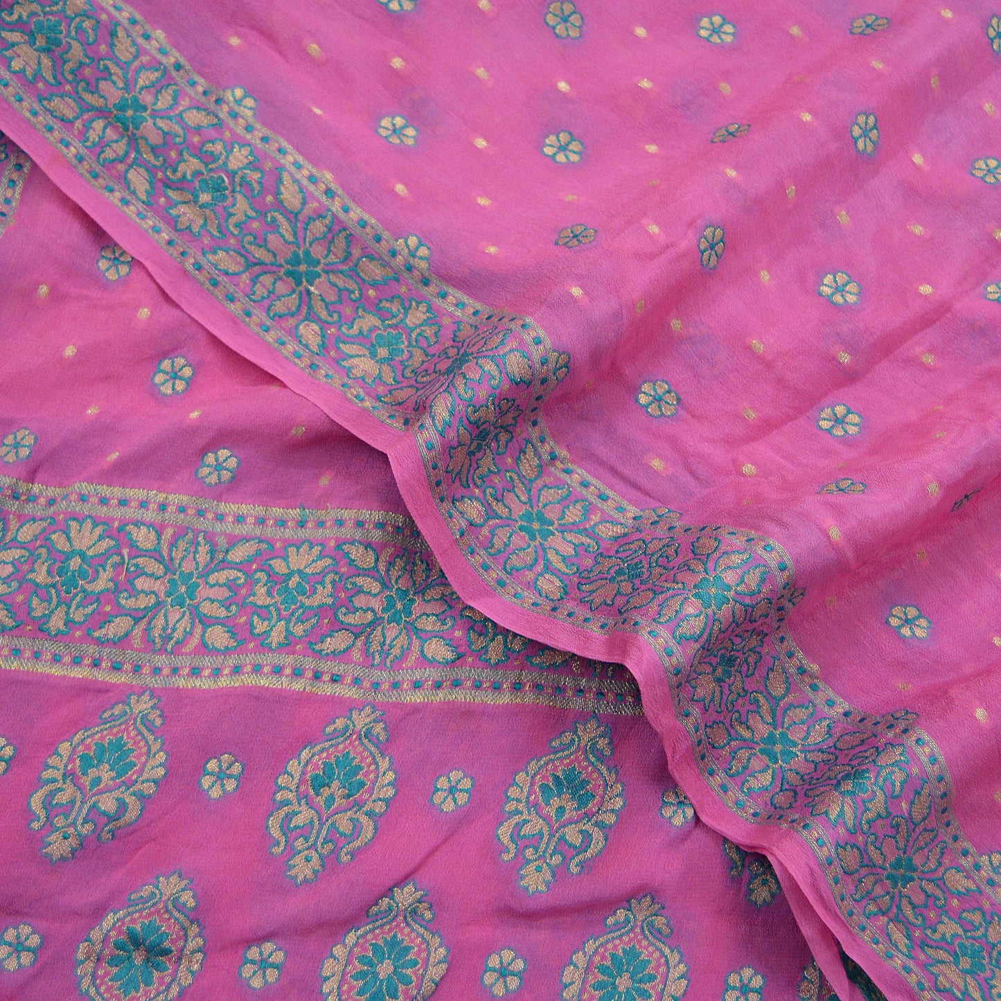 Indian Vintage Pink Dupatta Long Stole Pure Silk Hand Woven Scarves Veil Scarf Wrap Floral Zari Border