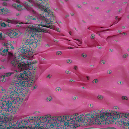 Indian Vintage Pink Dupatta Long Stole Pure Silk Hand Woven Scarves Veil Scarf Wrap Floral Zari Border