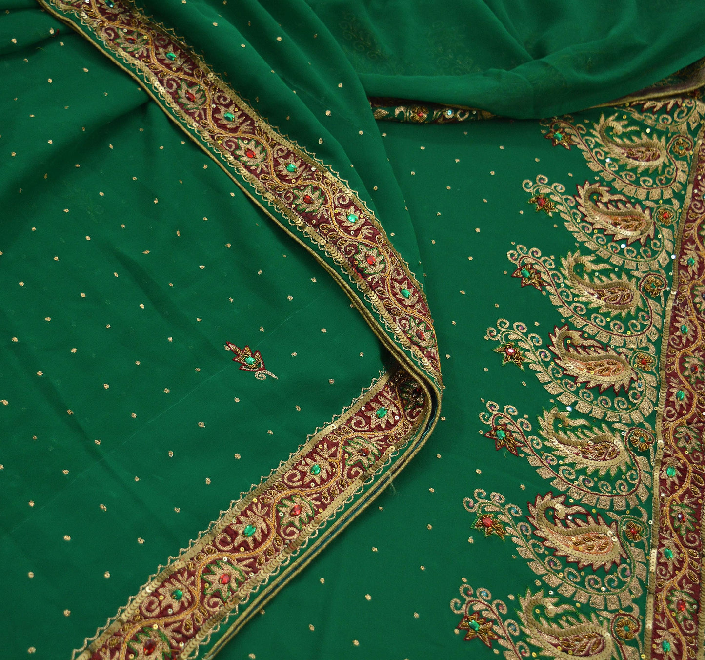 Indian Vintage Green Saree Pure Georgette Silk Hand Beaded Indian Sari Fabric 5Yard Sewing Soft Ethnic Zardozi/ Dabka Wedding/Bridal Sarees