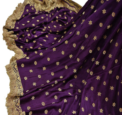 Indian Vintage Heavy Wedding Purple Dupatta Pure Satin Silk Long Stole Hand Embroidered Scarves Golden Zardozi Veil Hijab Bridal Dupatta