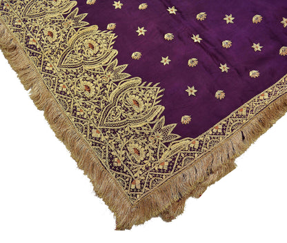 Indian Vintage Heavy Wedding Purple Dupatta Pure Satin Silk Long Stole Hand Embroidered Scarves Golden Zardozi Veil Hijab Bridal Dupatta