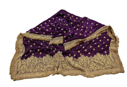 Indian Vintage Heavy Wedding Purple Dupatta Pure Satin Silk Long Stole Hand Embroidered Scarves Golden Zardozi Veil Hijab Bridal Dupatta