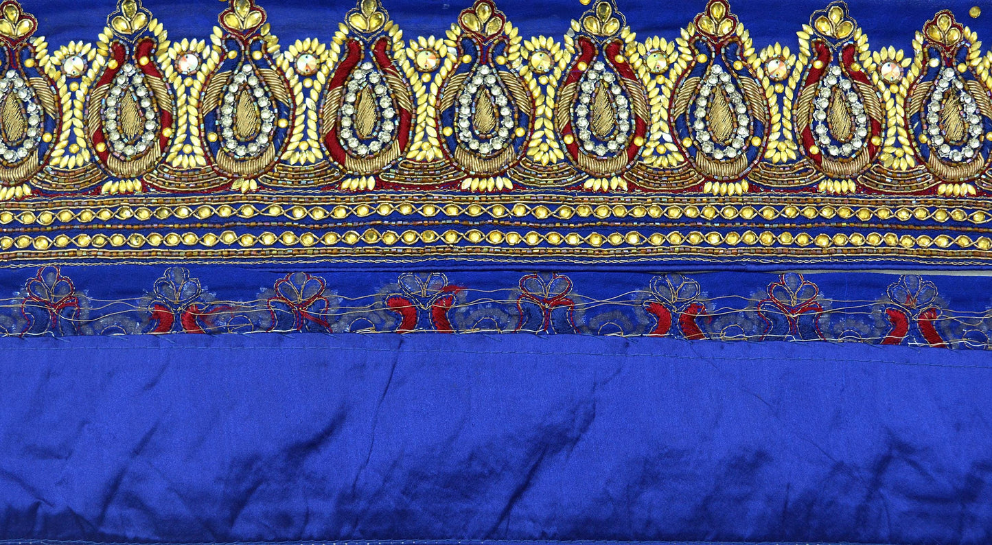 Indian Vintage Royal Blue Sari Border Hand Embroidered Craft Trim Lace Sewing Sari Ribbon Pure Crepe silk Zardozi/Dabka Zari