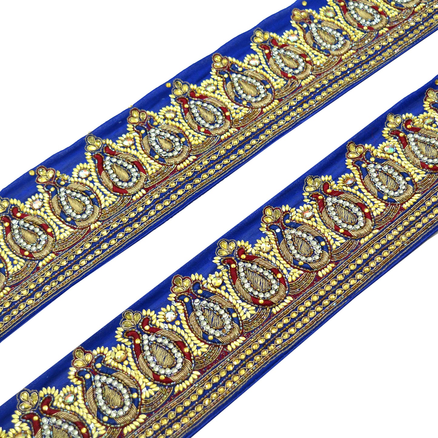 Indian Vintage Royal Blue Sari Border Hand Embroidered Craft Trim Lace Sewing Sari Ribbon Pure Crepe silk Zardozi/Dabka Zari