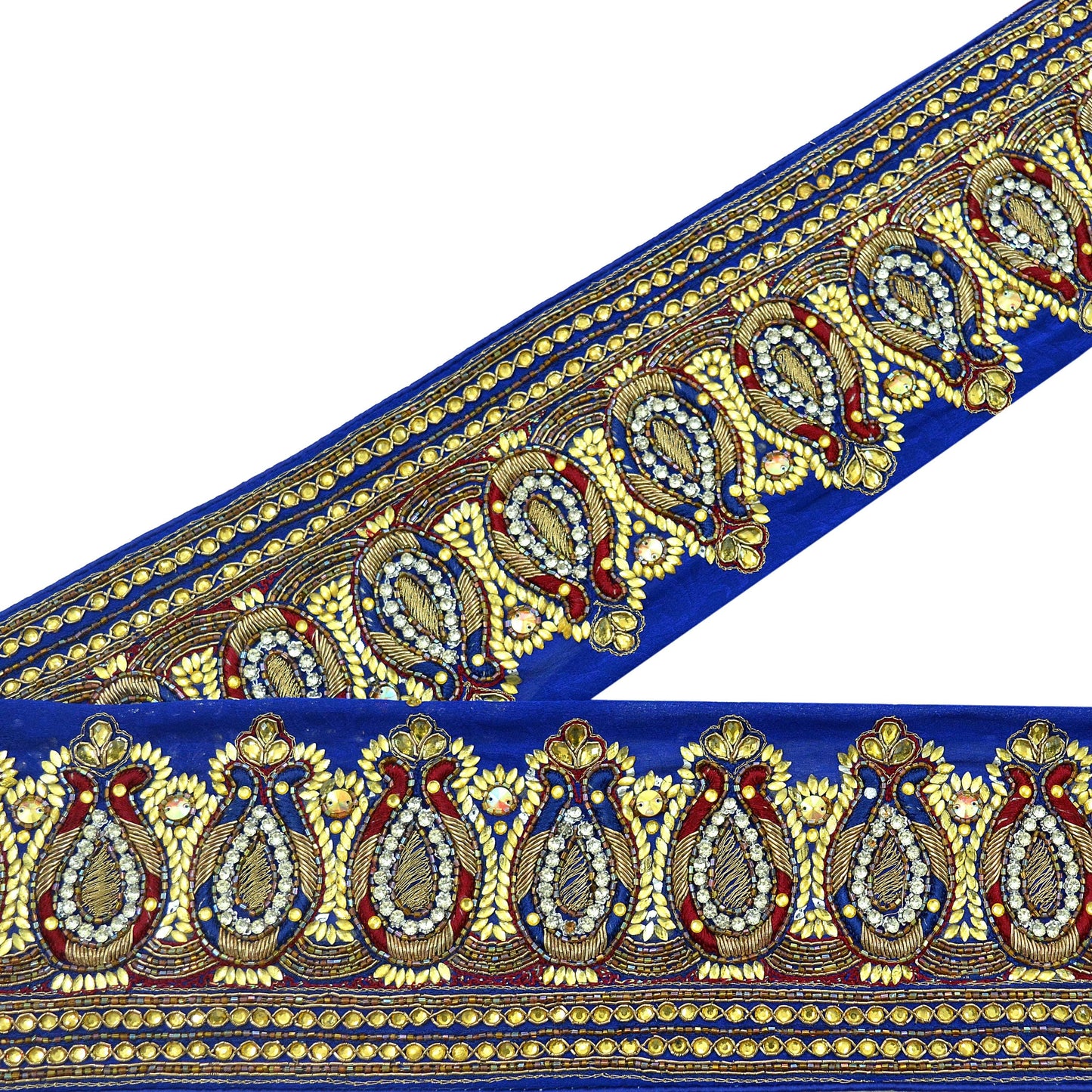 Indian Vintage Royal Blue Sari Border Hand Embroidered Craft Trim Lace Sewing Sari Ribbon Pure Crepe silk Zardozi/Dabka Zari