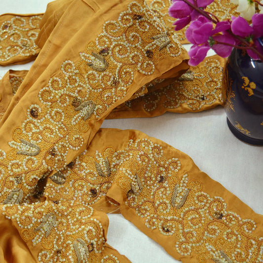 Indian Vintage Golden Sari Border Hand Embroidered Indian Craft Trim Lace Sewing Sari Ribbon Satin Zardozi/Dabka Zari