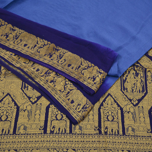 Indian Vintage Sari Blue 100% Pure Silk Hand Woven Baluchari Sarees Craft Fabric 5yd Sewing Soft Dress Designing Crafting Quilting Upcycle