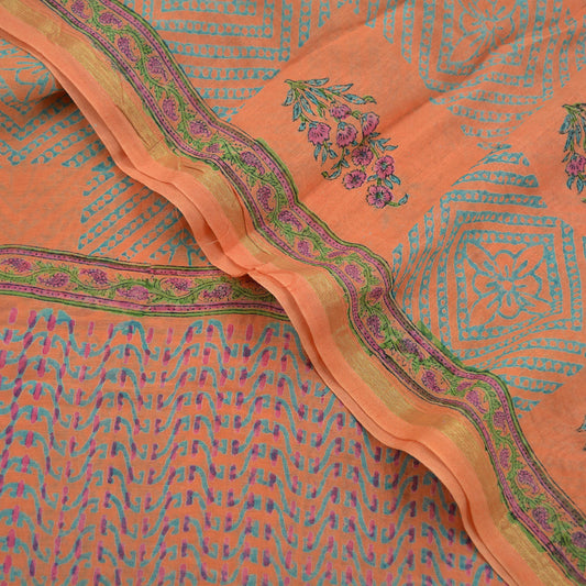 Indian Vintage Orange Dupatta Long Stole Block Print Pure Chanderi Silk Indian Scarves Veil Golden Zari Floral Design For her