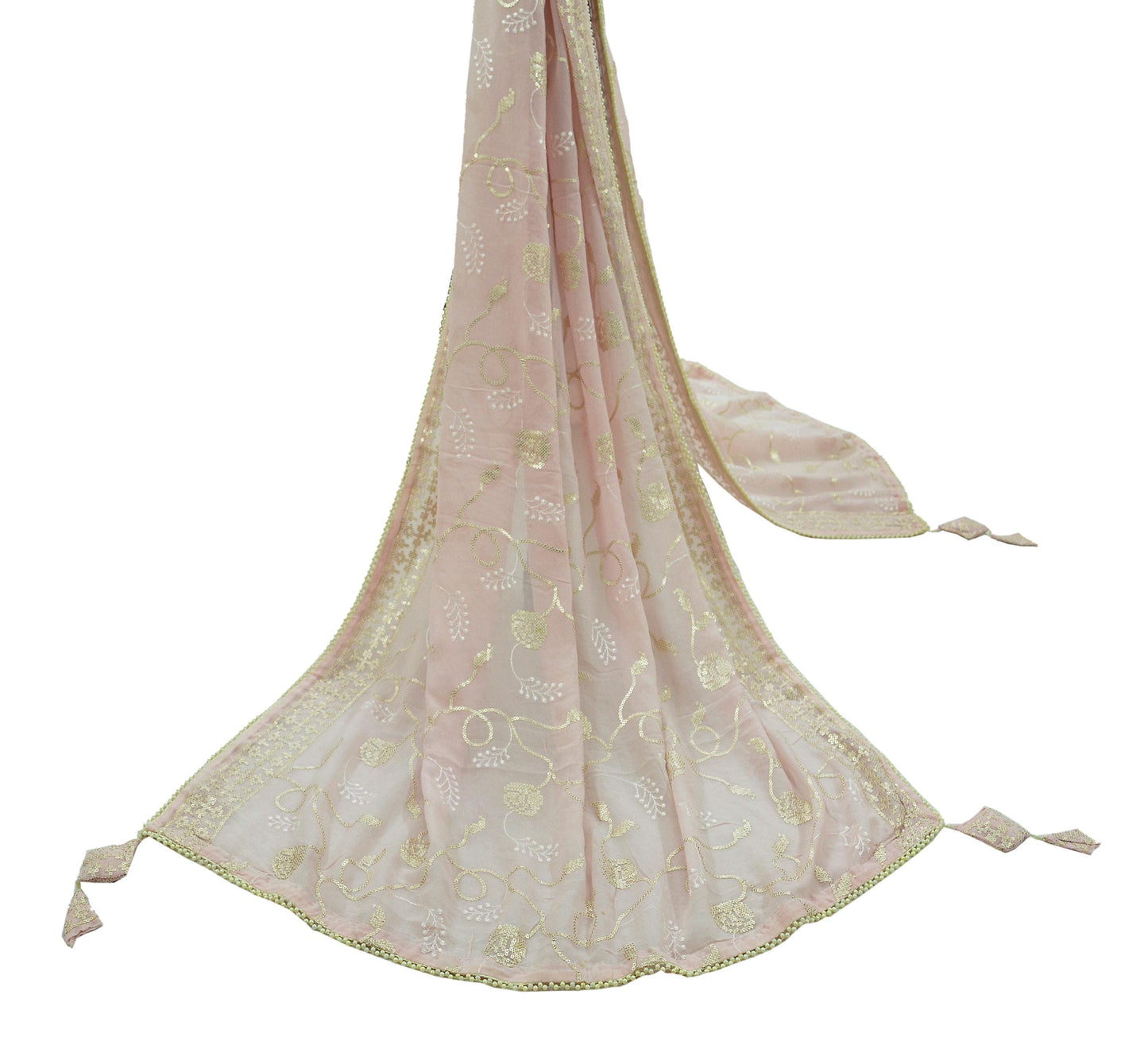 Indian Vintage Pink Dupatta Blend Georgette Long Stole Embroidered Scarves Floral Design Stole Veil Wrap Sequins