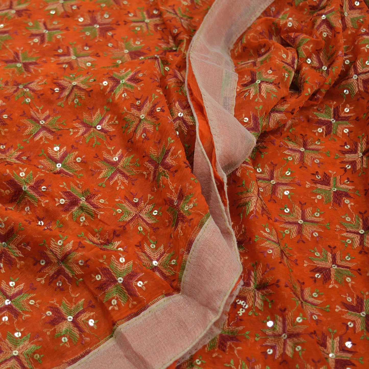 Indian Vintage Orange Sarees Chiffon Embroidered Bagh Phulkari Indian Sari Craft Fabric 5Yard Dress Making Sewing