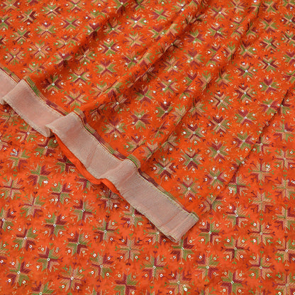Indian Vintage Orange Sarees Chiffon Embroidered Bagh Phulkari Indian Sari Craft Fabric 5Yard Dress Making Sewing