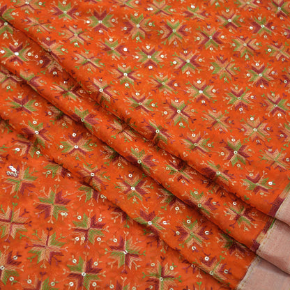 Indian Vintage Orange Sarees Chiffon Embroidered Bagh Phulkari Indian Sari Craft Fabric 5Yard Dress Making Sewing
