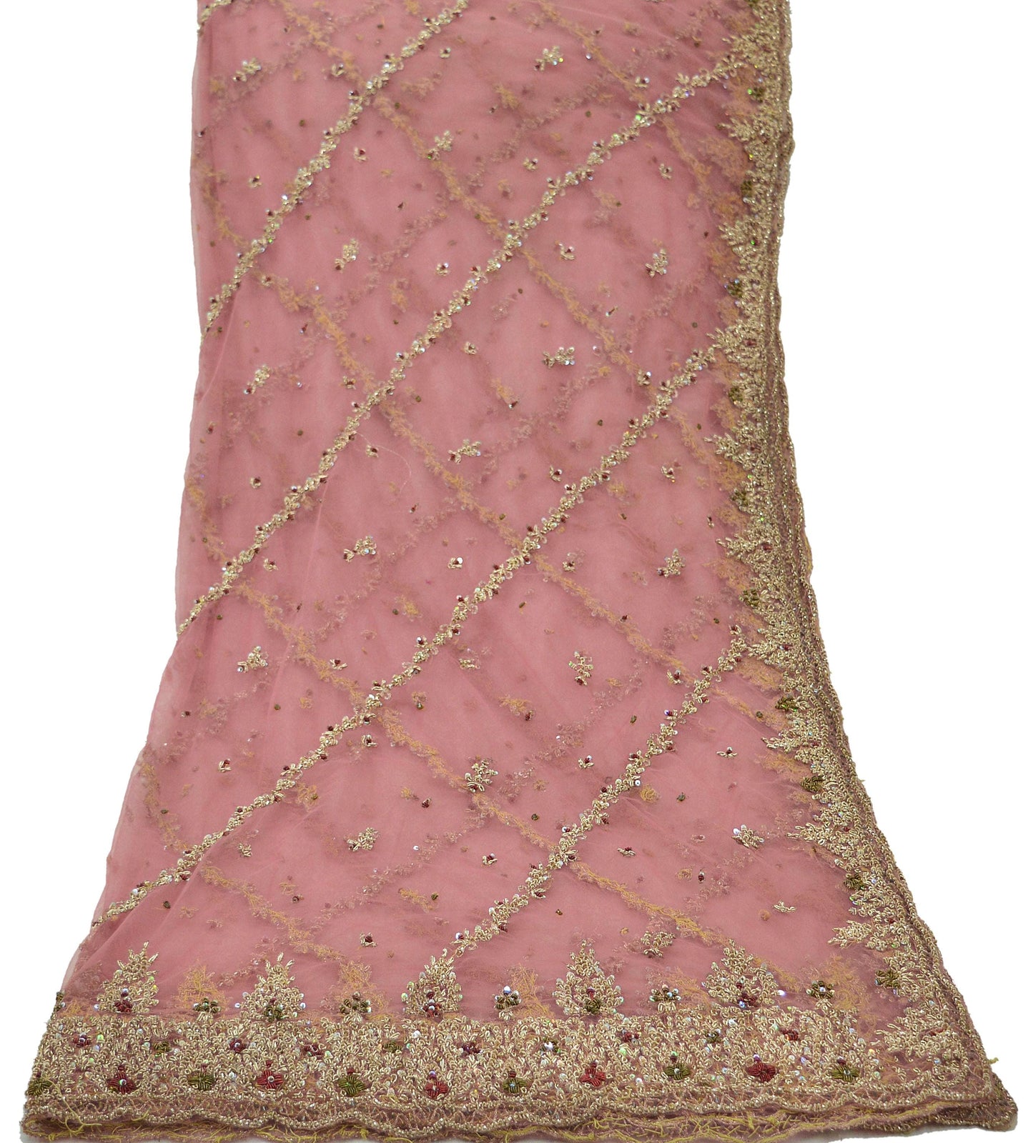 Indian Vintage Heavy Bridal Pink Dupatta Net Mesh Long Stole Hand Embroidered Scarves Golden Zardozi Dabka Zari Sequins Wedding Veil Hijab