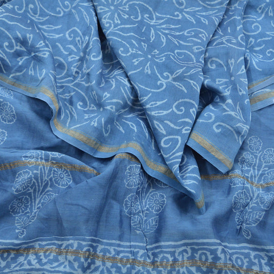 Indian Vintage Dupatta Blue Dupatta Long Stole Block Print Pure Chanderi Silk Indian Scarves Veil Golden Zari