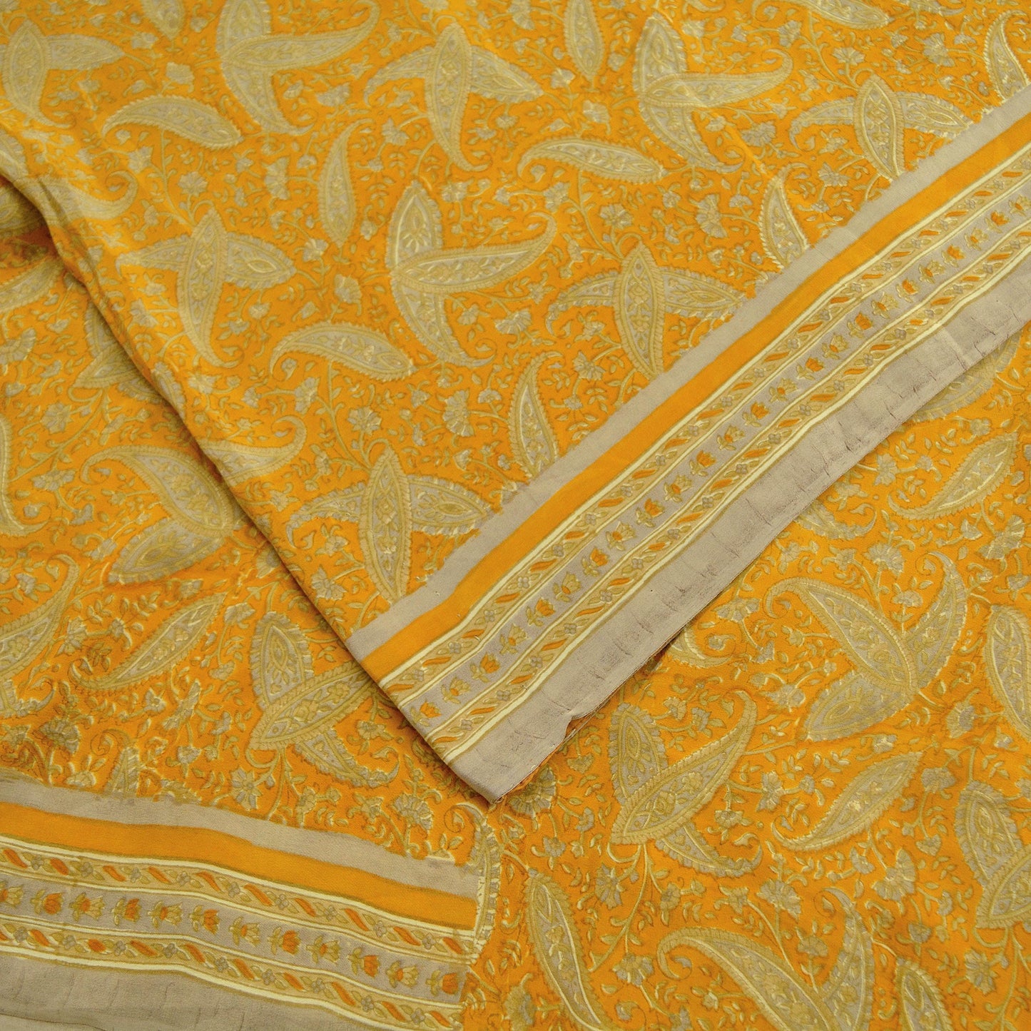 Indian Vintage Sari Mustard Pure Crepe Silk Printed Saree 5yd Sewing Floral Soft Craft Fabric Wrap Dress making Crafting Quilting Designing