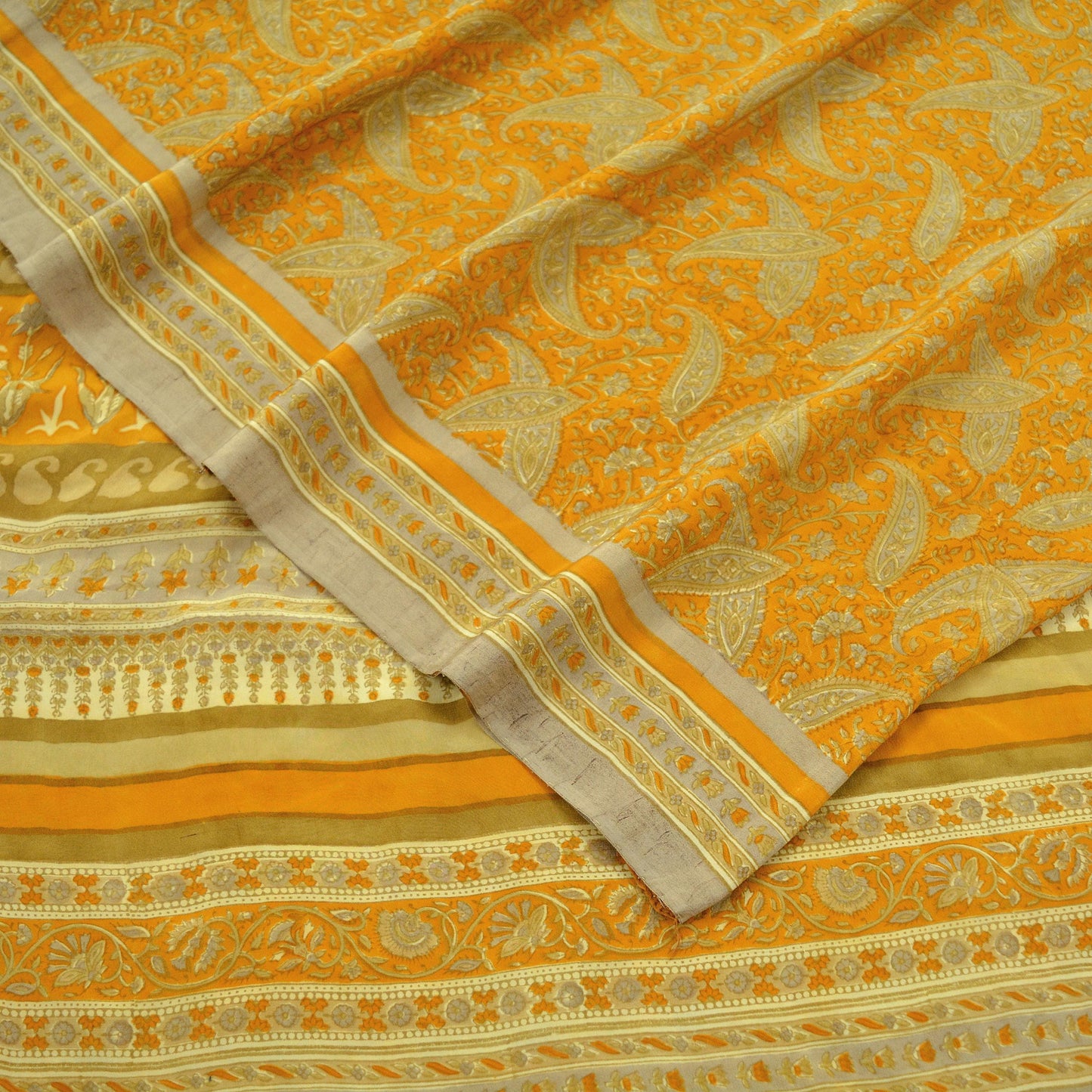 Indian Vintage Sari Mustard Pure Crepe Silk Printed Saree 5yd Sewing Floral Soft Craft Fabric Wrap Dress making Crafting Quilting Designing