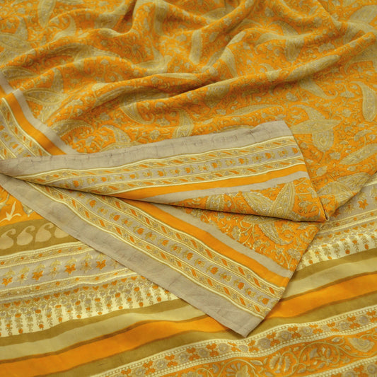 Indian Vintage Sari Mustard Pure Crepe Silk Printed Saree 5yd Sewing Floral Soft Craft Fabric Wrap Dress making Crafting Quilting Designing