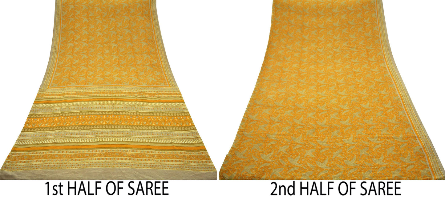 Indian Vintage Sari Mustard Pure Crepe Silk Printed Saree 5yd Sewing Floral Soft Craft Fabric Wrap Dress making Crafting Quilting Designing