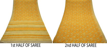Indian Vintage Sari Mustard Pure Crepe Silk Printed Saree 5yd Sewing Floral Soft Craft Fabric Wrap Dress making Crafting Quilting Designing