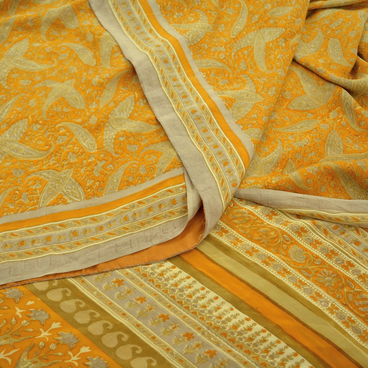 Indian Vintage Sari Mustard Pure Crepe Silk Printed Saree 5yd Sewing Floral Soft Craft Fabric Wrap Dress making Crafting Quilting Designing