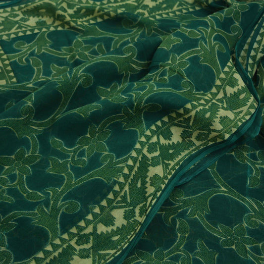 Indian Vintage Green Saree Printed Pure Cotton Sari Craft Fabric Soft 5Yd Sewing Sarong Wrap Boho Floral Dress making Crafting Quilting