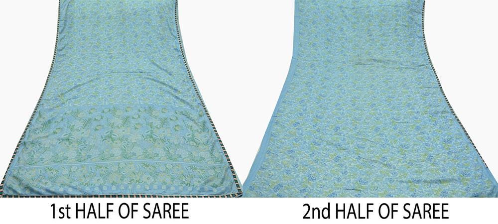 Indian Vintage Sari Blue 100% Pure Silk Printed Sarees 5yd Sewing Craft Fabric Dress Making Floral Wrap used Quilting Crafting Upcycle