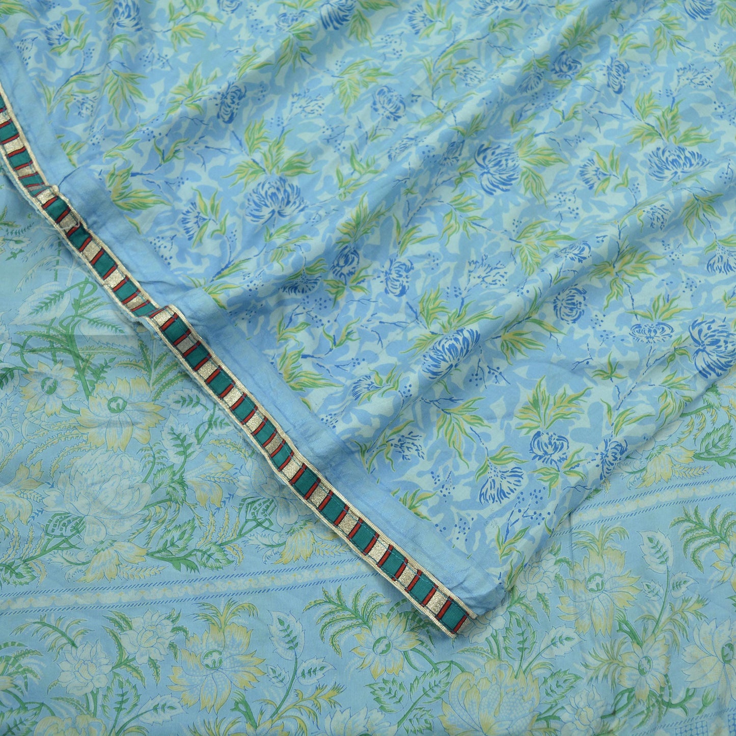 Indian Vintage Sari Blue 100% Pure Silk Printed Sarees 5yd Sewing Craft Fabric Dress Making Floral Wrap used Quilting Crafting Upcycle