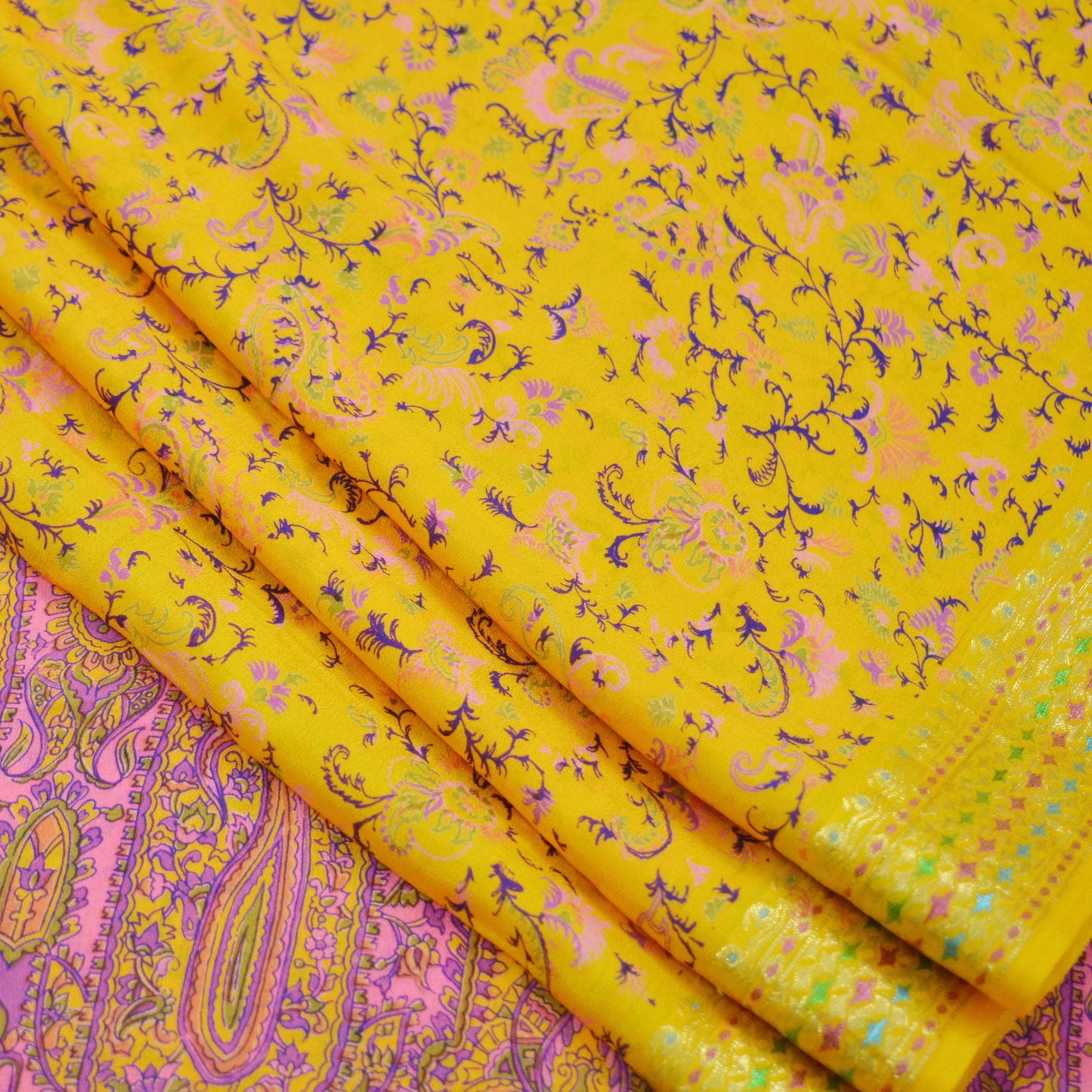 Indian Vintage Sari Saffron 100% Pure Silk Printed Saree 5yd Sewing Craft Fabric Dress Making Soft Wrap Floral Paisley Crafting Quilting