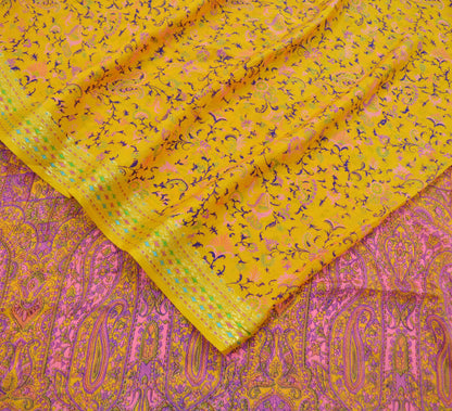 Indian Vintage Sari Saffron 100% Pure Silk Printed Saree 5yd Sewing Craft Fabric Dress Making Soft Wrap Floral Paisley Crafting Quilting