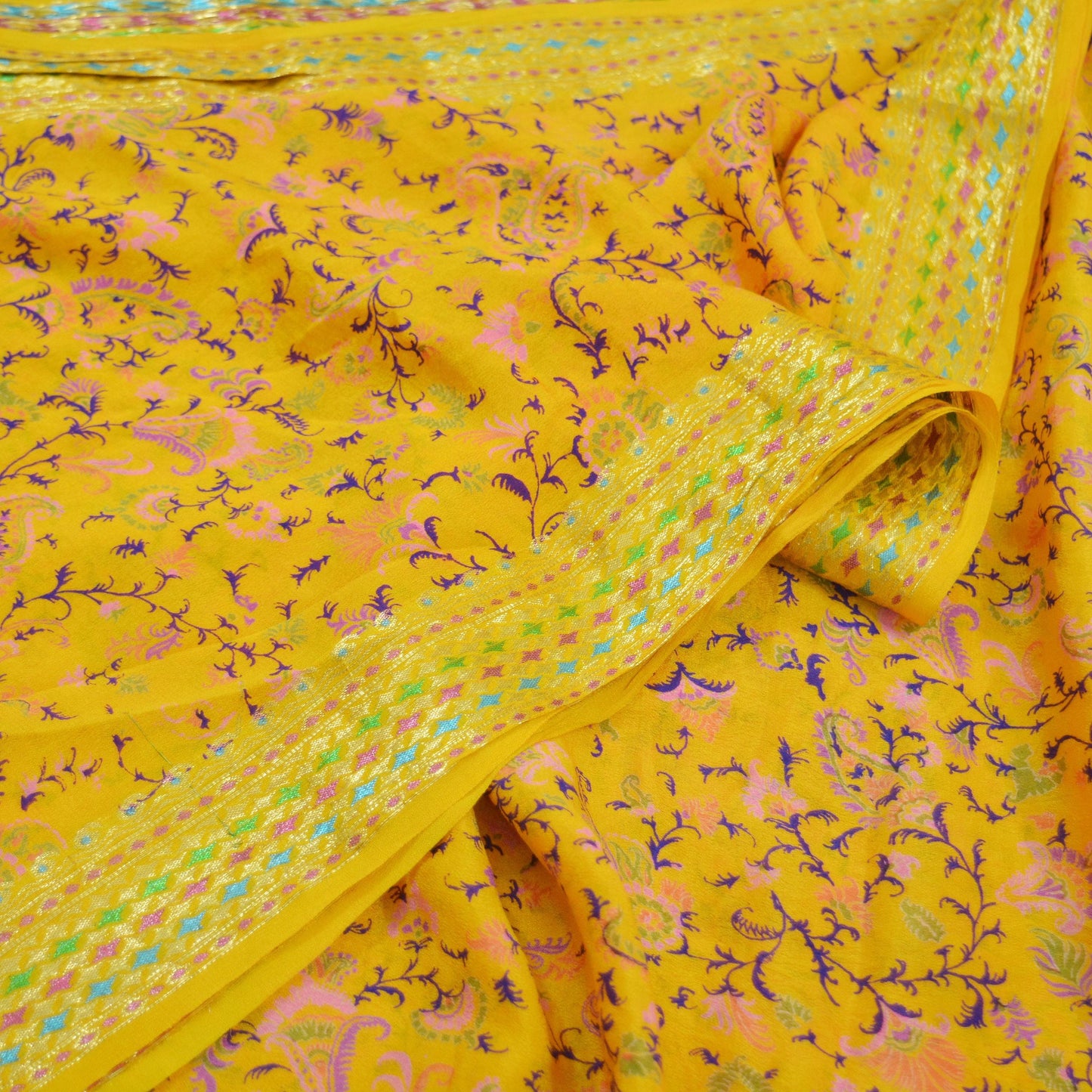 Indian Vintage Sari Saffron 100% Pure Silk Printed Saree 5yd Sewing Craft Fabric Dress Making Soft Wrap Floral Paisley Crafting Quilting