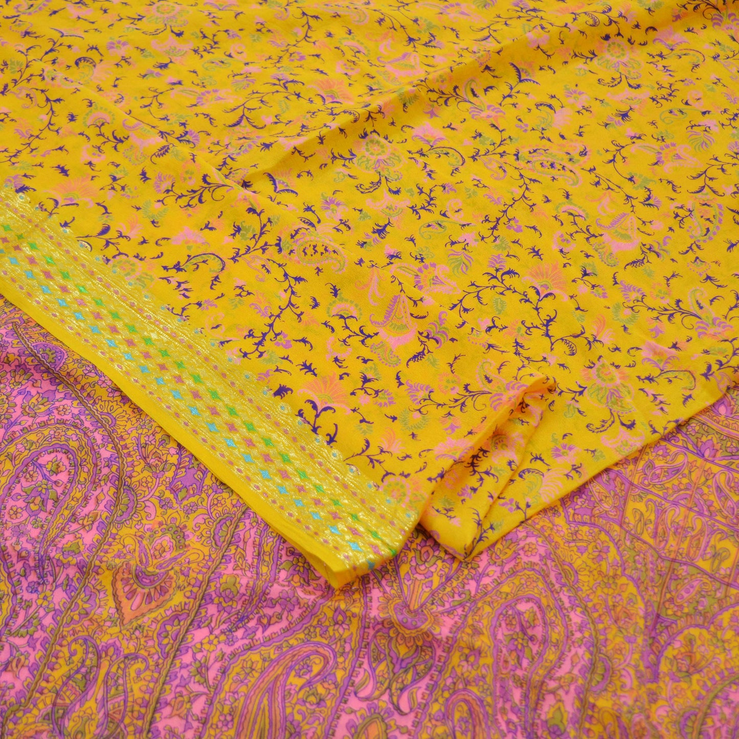 Indian Vintage Sari Saffron 100% Pure Silk Printed Saree 5yd Sewing Craft Fabric Dress Making Soft Wrap Floral Paisley Crafting Quilting