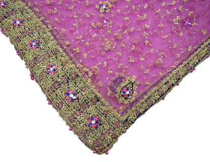 Indian Vintage Heavy Bridal Dupatta Purple Net Mesh Long Stole Hand Embroidered Scarves Golden Zardozi Dabka Zari Wedding Veil Hijab