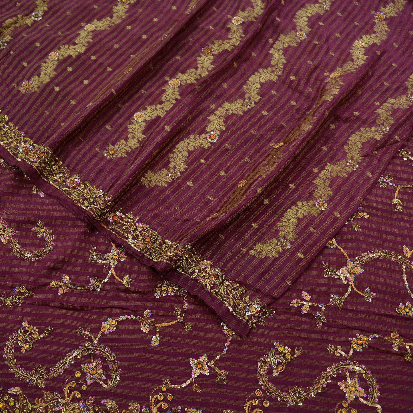 Indian Vintage Heavy Sari Purple Pure Silk Hand Embroidered Sarees Fabric 5Yd Sewing Soft Zardozi/Dabka Sequins Wedding Sarees Crafting