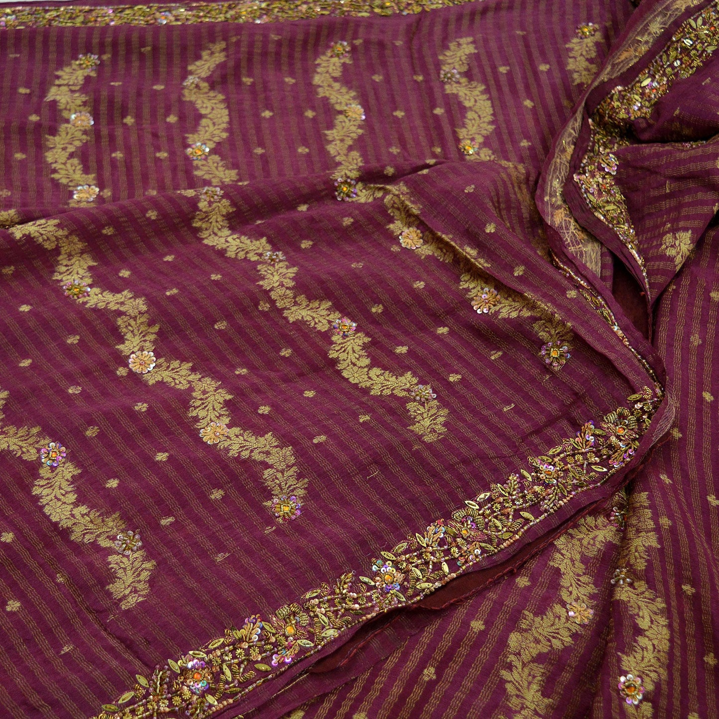 Indian Vintage Heavy Sari Purple Pure Silk Hand Embroidered Sarees Fabric 5Yd Sewing Soft Zardozi/Dabka Sequins Wedding Sarees Crafting