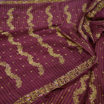 Indian Vintage Heavy Sari Purple Pure Silk Hand Embroidered Sarees Fabric 5Yd Sewing Soft Zardozi/Dabka Sequins Wedding Sarees Crafting