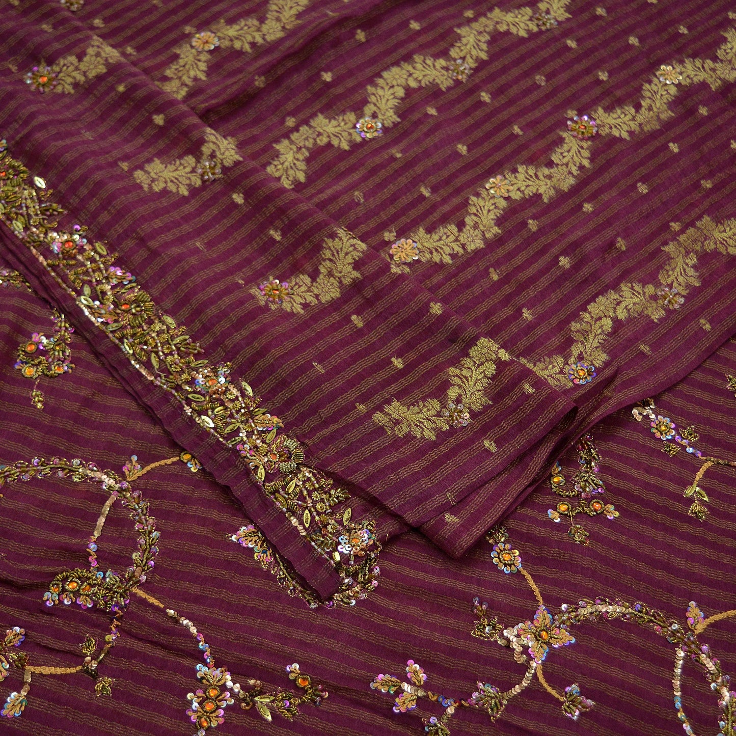 Indian Vintage Heavy Sari Purple Pure Silk Hand Embroidered Sarees Fabric 5Yd Sewing Soft Zardozi/Dabka Sequins Wedding Sarees Crafting