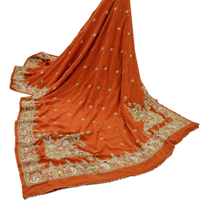 Indian Vintage Heavy Sarees Orange Pure Georgette Silk Hand Embroidered Sari Fabric 5Yd Sewing Ethnic Zardozi/dabka zari Wedding sarees