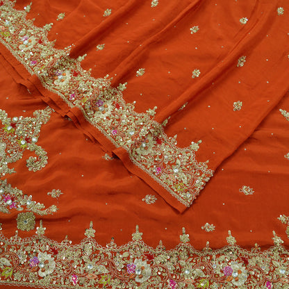 Indian Vintage Heavy Sarees Orange Pure Georgette Silk Hand Embroidered Sari Fabric 5Yd Sewing Ethnic Zardozi/dabka zari Wedding sarees