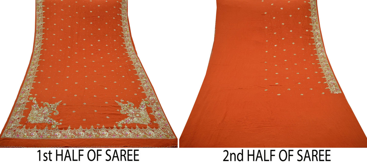 Indian Vintage Heavy Sarees Orange Pure Georgette Silk Hand Embroidered Sari Fabric 5Yd Sewing Ethnic Zardozi/dabka zari Wedding sarees