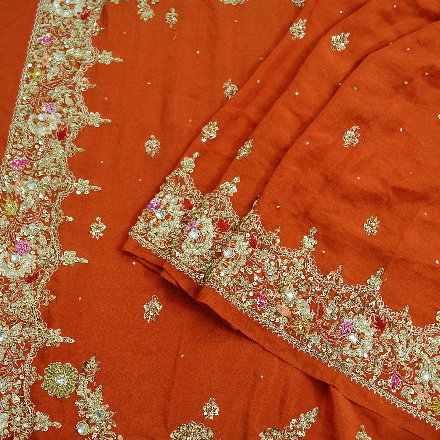 Indian Vintage Heavy Sarees Orange Pure Georgette Silk Hand Embroidered Sari Fabric 5Yd Sewing Ethnic Zardozi/dabka zari Wedding sarees